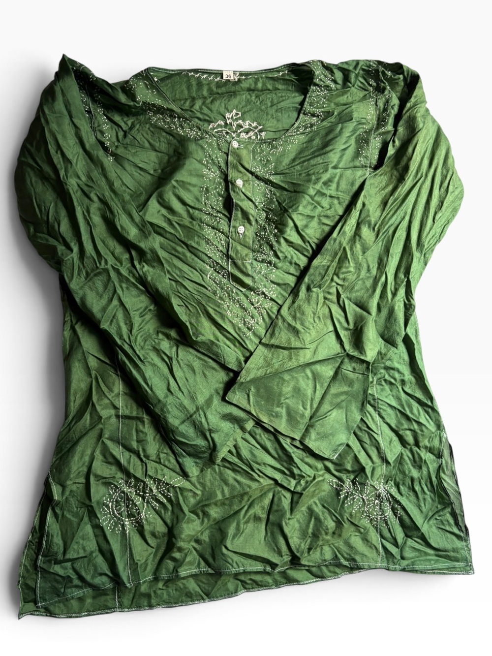 100% silk Embroidered Green Long-Sleeve Tunic Top